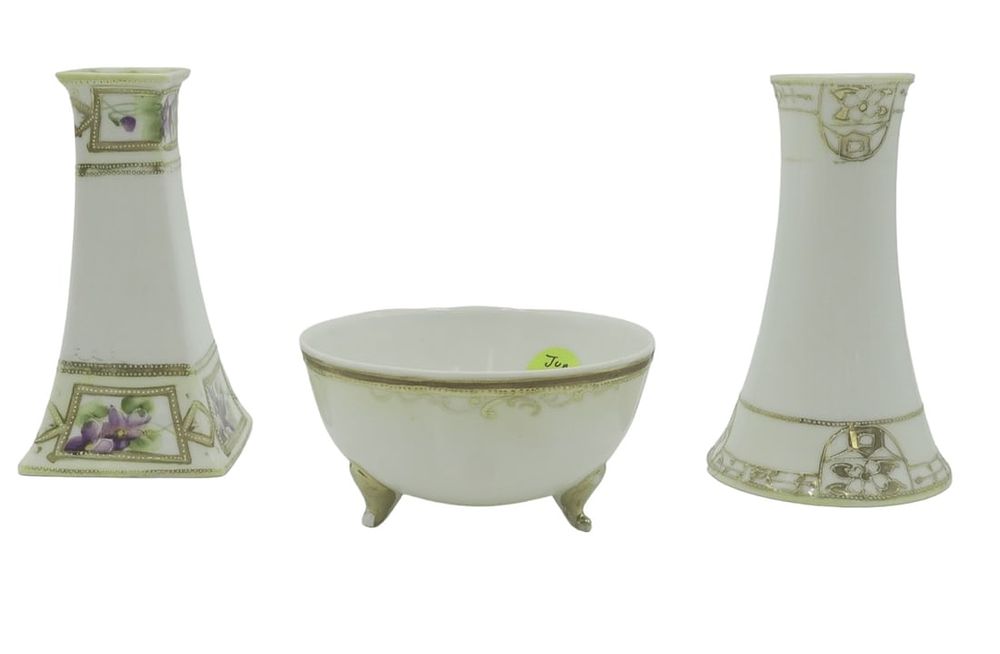 3 HAND PAINTED NIPPON HAT PIN HOLDERS & BOWL. 2 Hand Painted Nippon Hat Pin Holders 4.75" and 1 