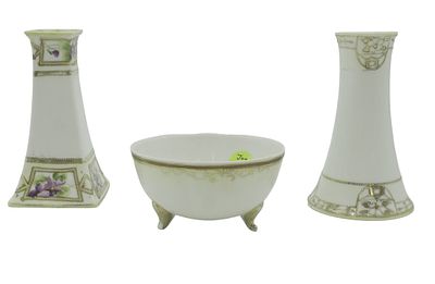 3 HAND PAINTED NIPPON HAT PIN HOLDERS & BOWL. 2 Hand Painted Nippon Hat Pin Holders 4.75" and 1 