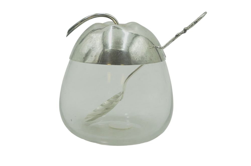 Lot 140: MCM GORHAM STERLING & GLASS PEAR HONEY POT