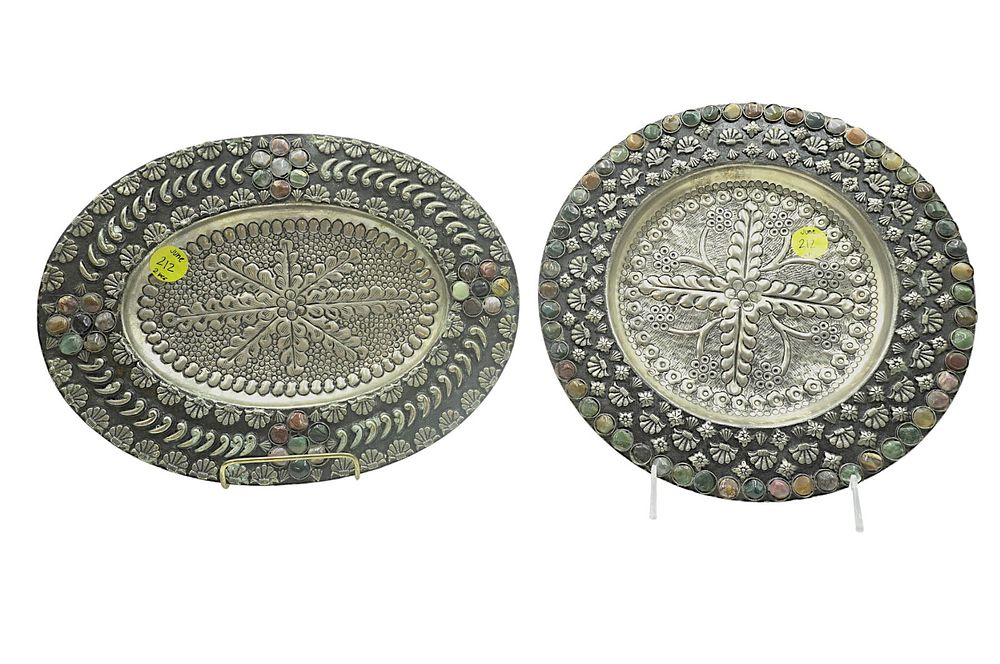 Lot 212: TWO INDIA METAL PLATES WITH SEMI PRECIOUS STONE TRIM