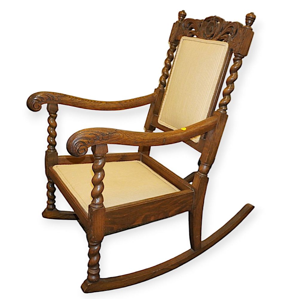 Lot 222: ANTIQUE ENGLISH OAK BARLEY TWIST ROCKING CHAIR