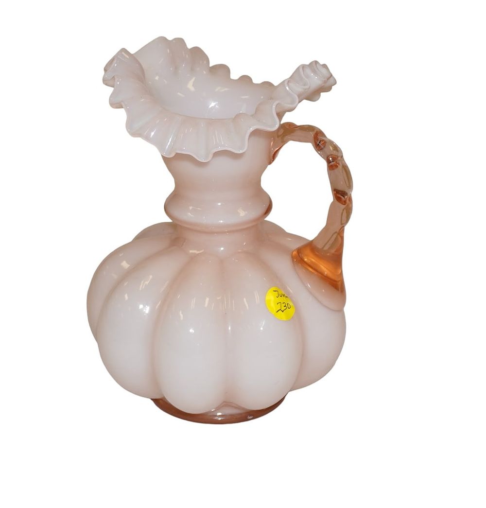 Lot 230: VINTAGE FENTON ROSE OVERLAY MELON RIBBED PITCHER