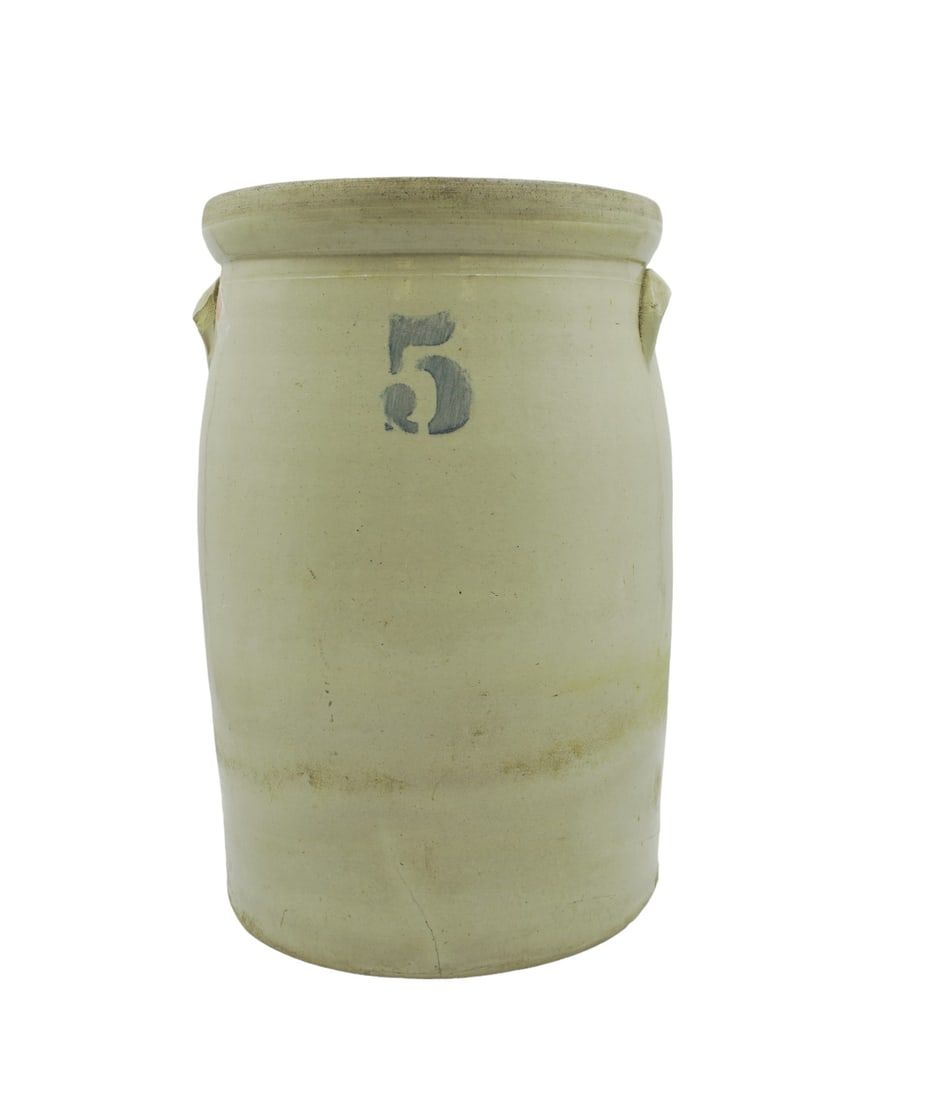 Lot 248: ANTIQUE LARGE 5 GALLON SALT GLAZED BUTTER CHURN