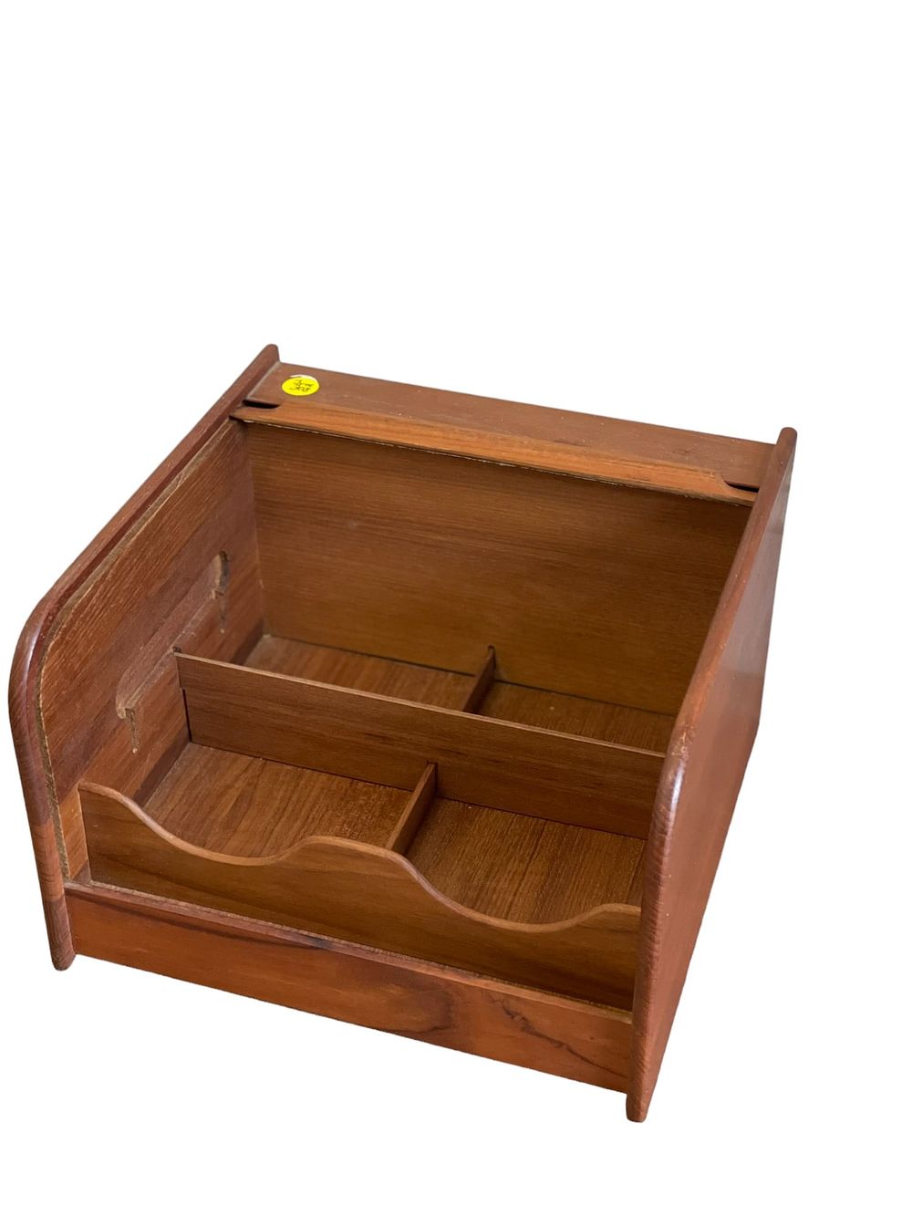 Lot 308: VINTAGE TEAK WOOD TAMBOUR ROLL TOP DESK TOP STORAGE