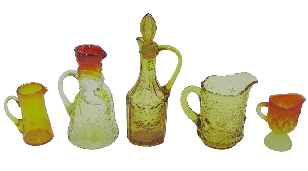 Lot 313: 5 PIECES VINTAGE AMBER GLASS - SMALL PITCHERS