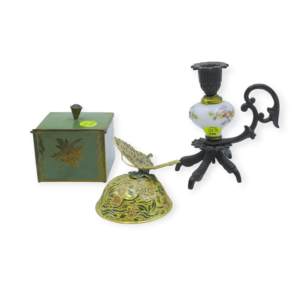 Lot 319: 3 PIECES VINTAGE/ANTIQUE DECOR - BUTTERFLY, CANDLEHOLDER, BOX