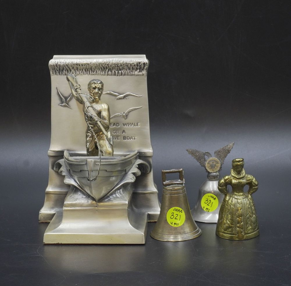 Lot 321: 4 PC. BRASS AND METAL LOT - BOOKEND AND BELLS