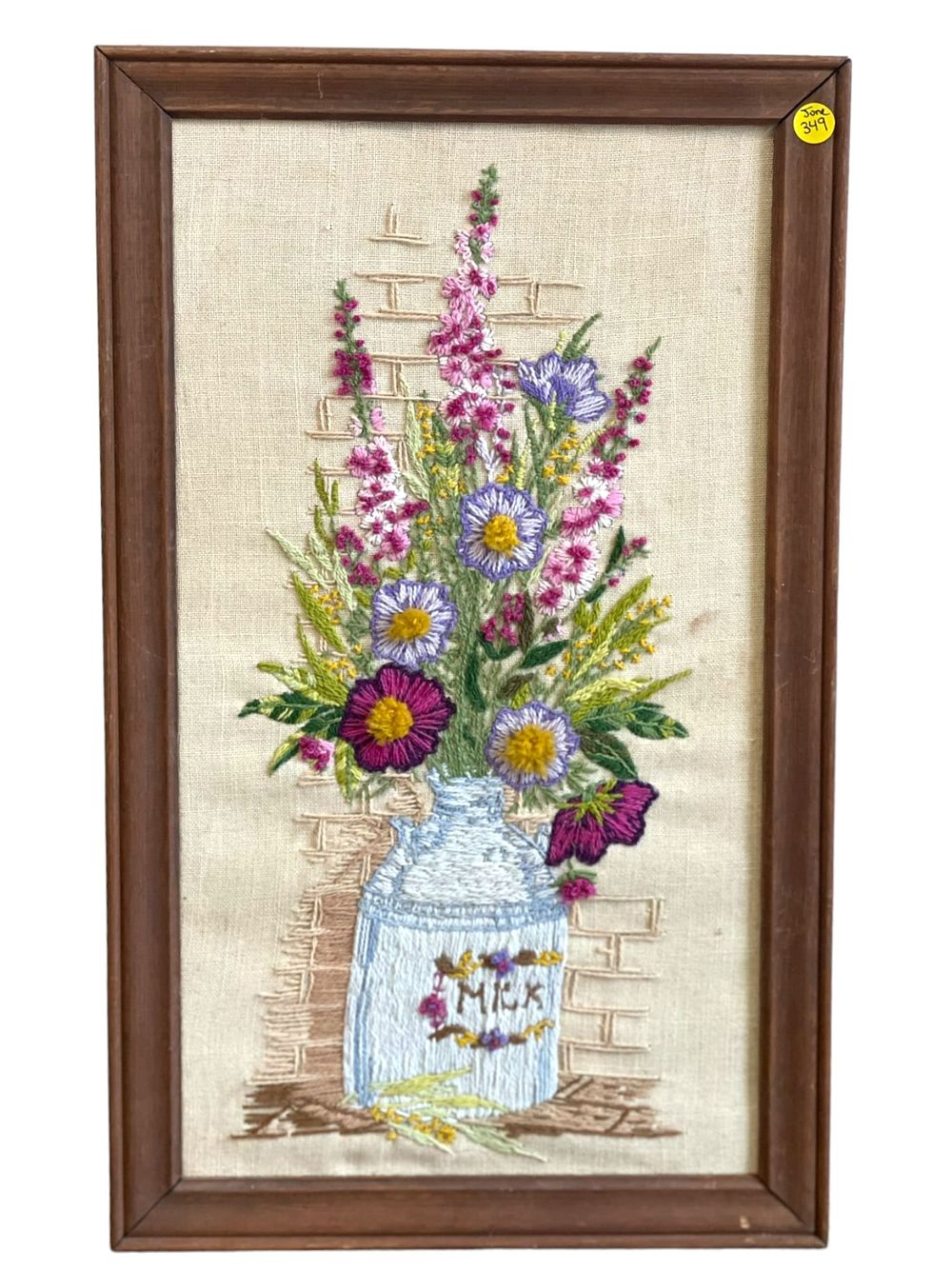 Lot 349: Vintage Mid-Century “Flowers in a Milk Jug” Crewel Work Framed Textile