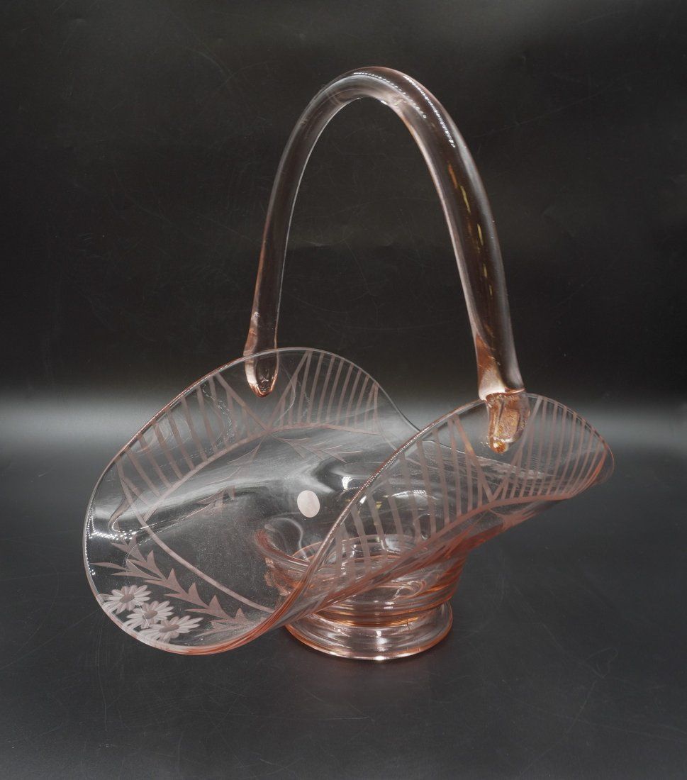 Lot 13: LARGE ART DECO PINK ETCHED GLASS BRIDES BASKET