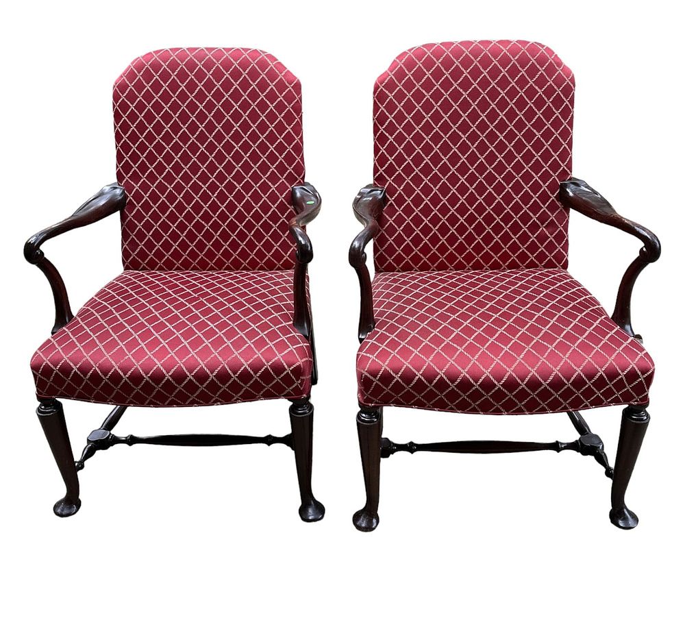 Lot 47: PAIR 19th c ENGLISH QUEEN ANNE ARM CHAIRS