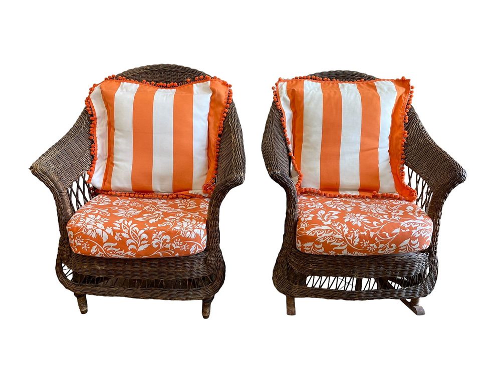 Lot 51: 2 ANTIQUE AMERICAN WICKER ARM AND ROCKING CHAIR