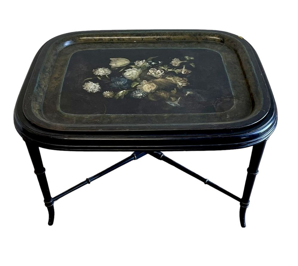 Lot 58: ANTIQUE HAND PAINTED TOLE TRAY TABLE