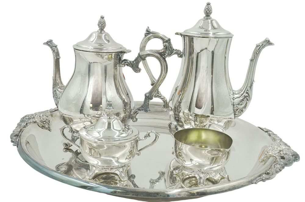Lot 68: 5 PC SILVER PLATE TEA SERVICE WALLACE BAROQUE plus
