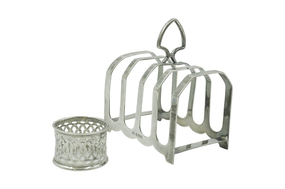 Lot 73: 2 PC 19TH C ENGLISH STERLING TOAST RACK + NAPKIN RING