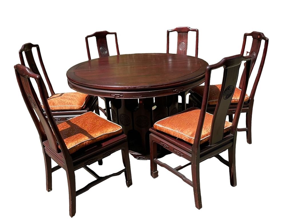 Lot 90: MID CENTURY ASIAN ROSEWOOD DINING TABLE W 6 CHAIRS