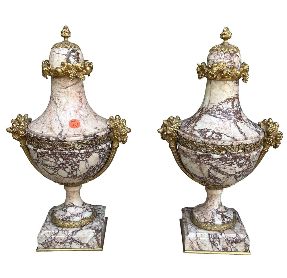 Lot 121: MATCHED PAIR 19TH C FRENCH MARBLE AND BRONZE CASSOLETTE URNS