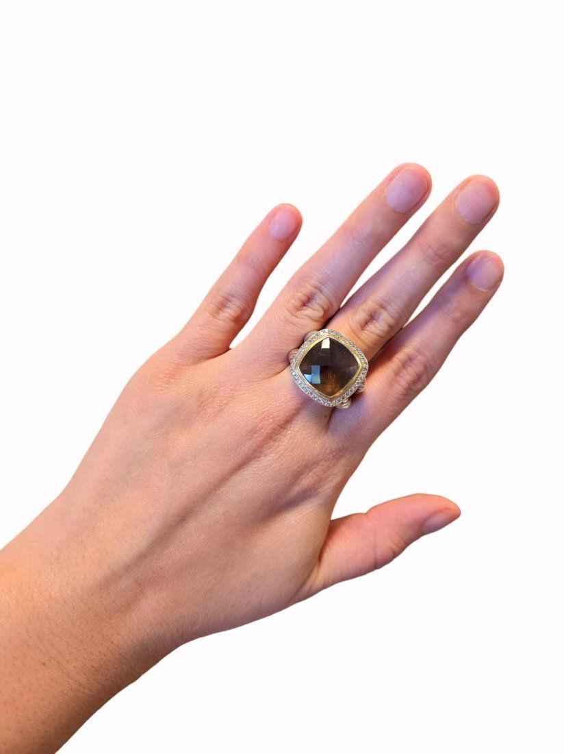 Lot 132: DAVID YURMAN STERLING 18K DIAMOND SMOKY QUARTZ RING 8.5