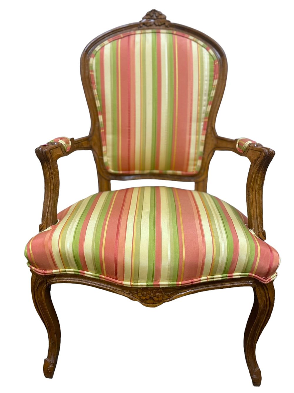 Lot 213: FRENCH WALNUT HAND CARVED ARM CHAIR