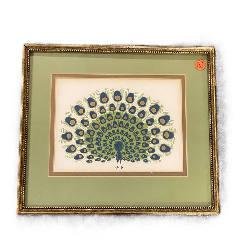 Lot 225: MCM PEACOCK GOUACHE / WATERCOLOR PAINTING FRAMED