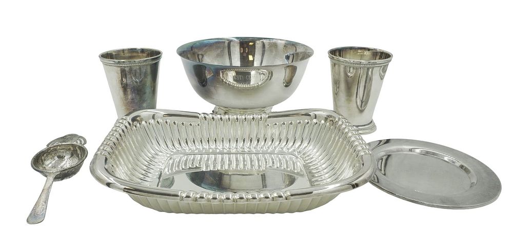 Lot 228: 6 pc VINTAGE SILVER PLATE MINT JULEP CUPS + PAUL REVERE BOWL +