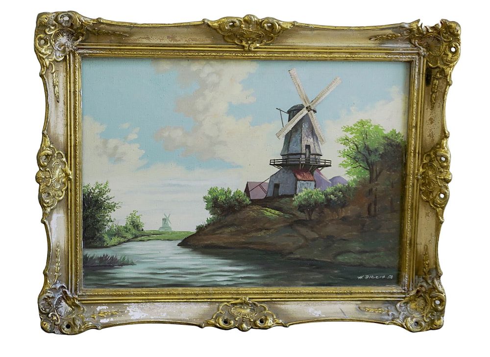 Lot 236: H ALBERT MID CENTURY WINDMILL PAINTING 1958