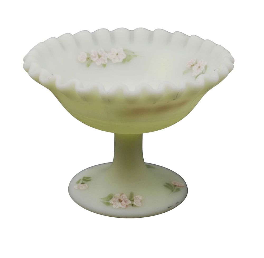 Lot 240: FENTON SIGNED BURMESE SATIN GLASS CANDY DISH