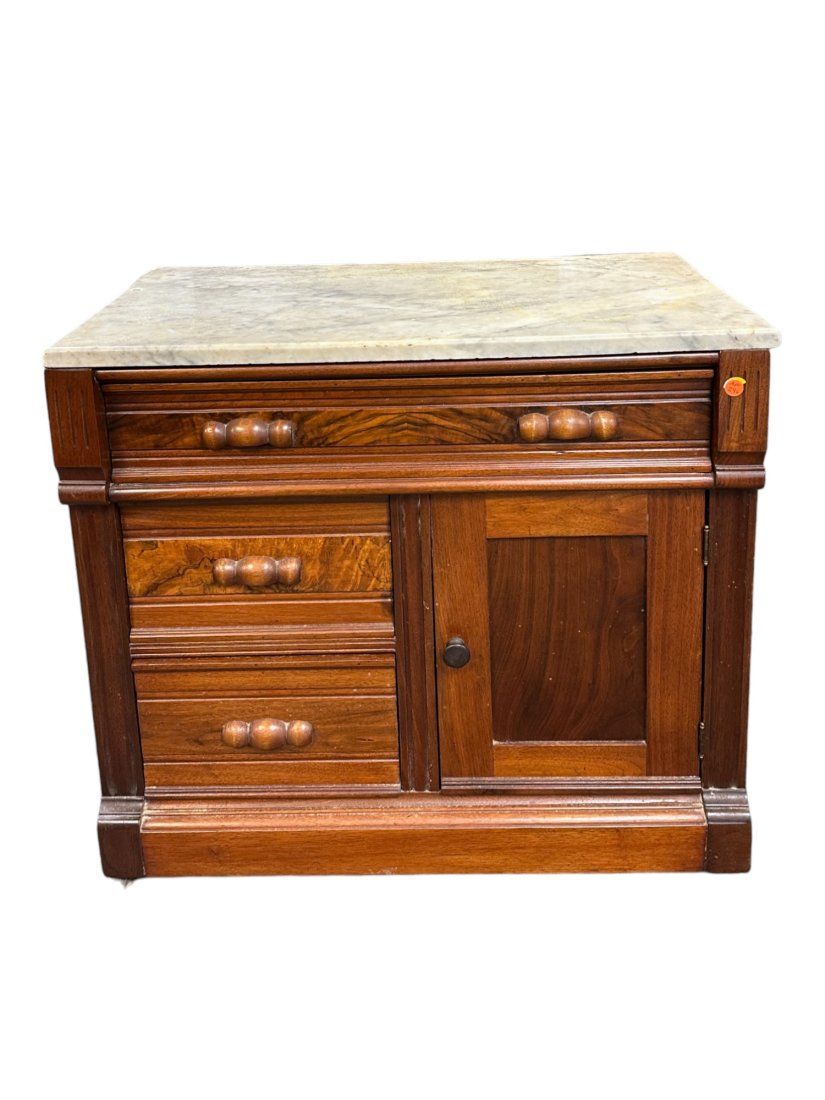 Lot 246: ANTIQUE FLAME MAHOGANY MARBLE TOP DRY SINK