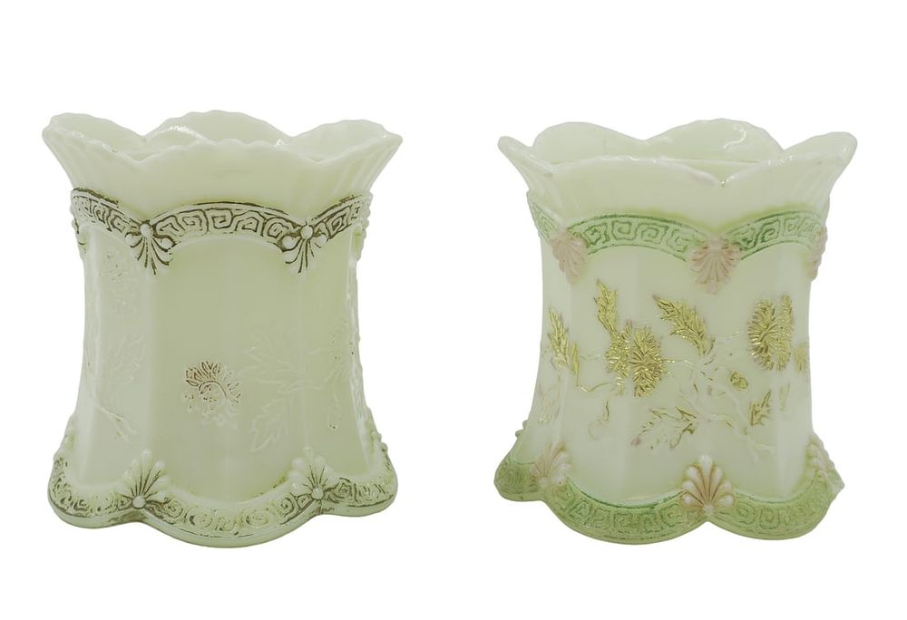 Lot 257: PAIR ANTIQUE NORTHWOOD CUSTARD GLASS SPOONERS