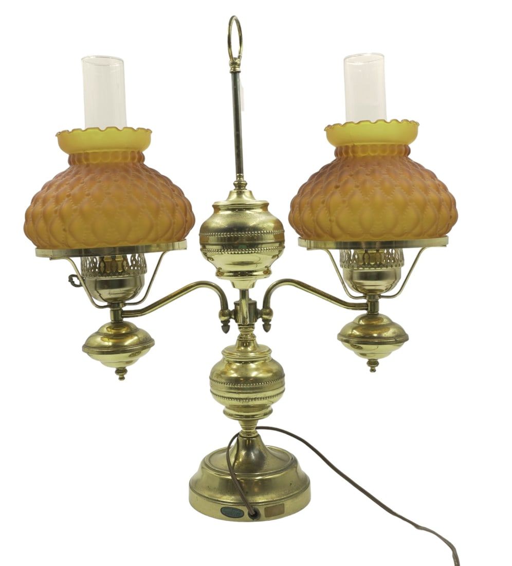 Lot 263: MID CENTURY BRASS DOUBLE STUDENT LAMP WITH QUILTED AMBER SATIN GLASS SHADES