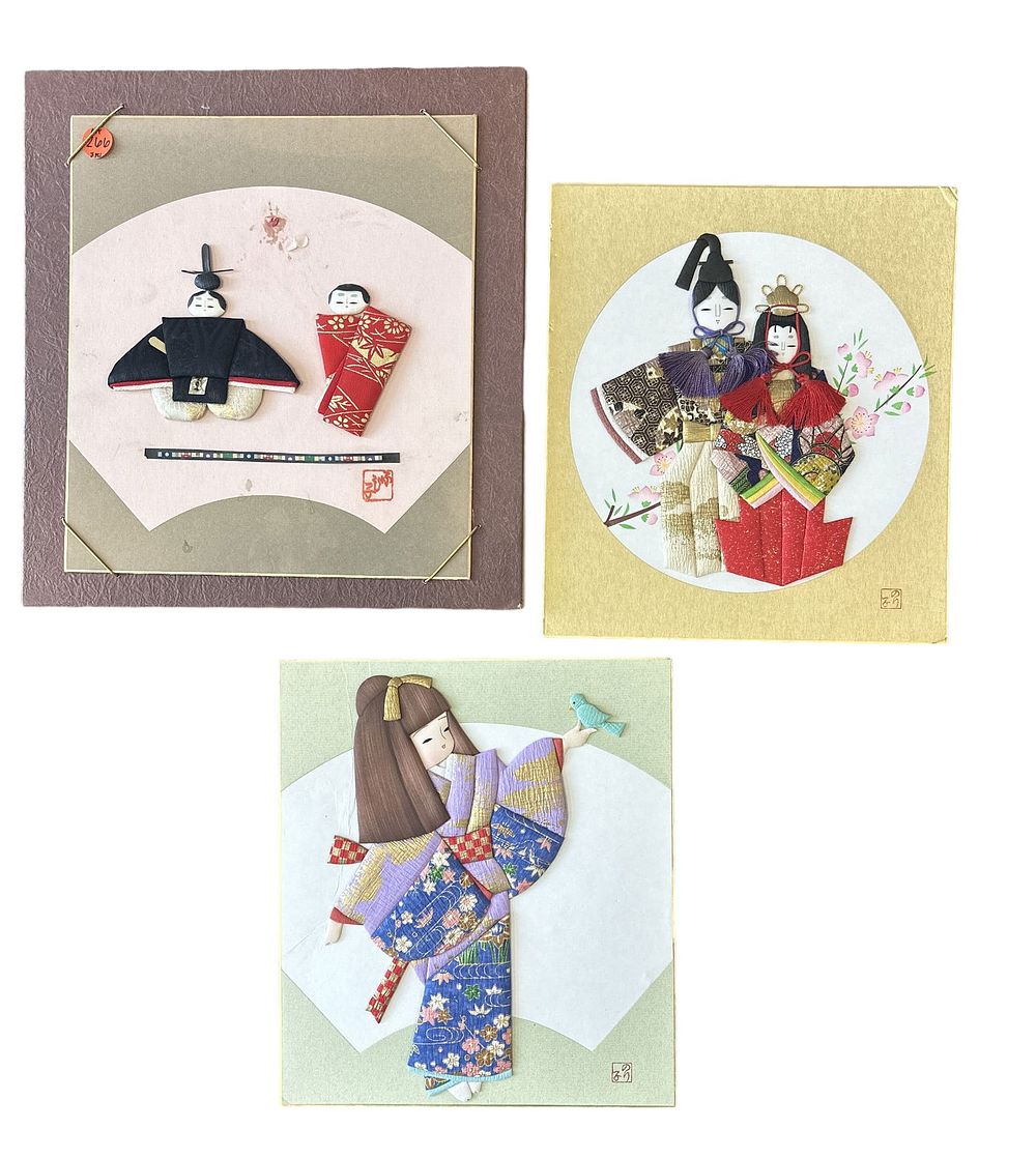 Lot 266: LOT OF 3 JAPANESE 3D SILK DOLLS FRAMED ART