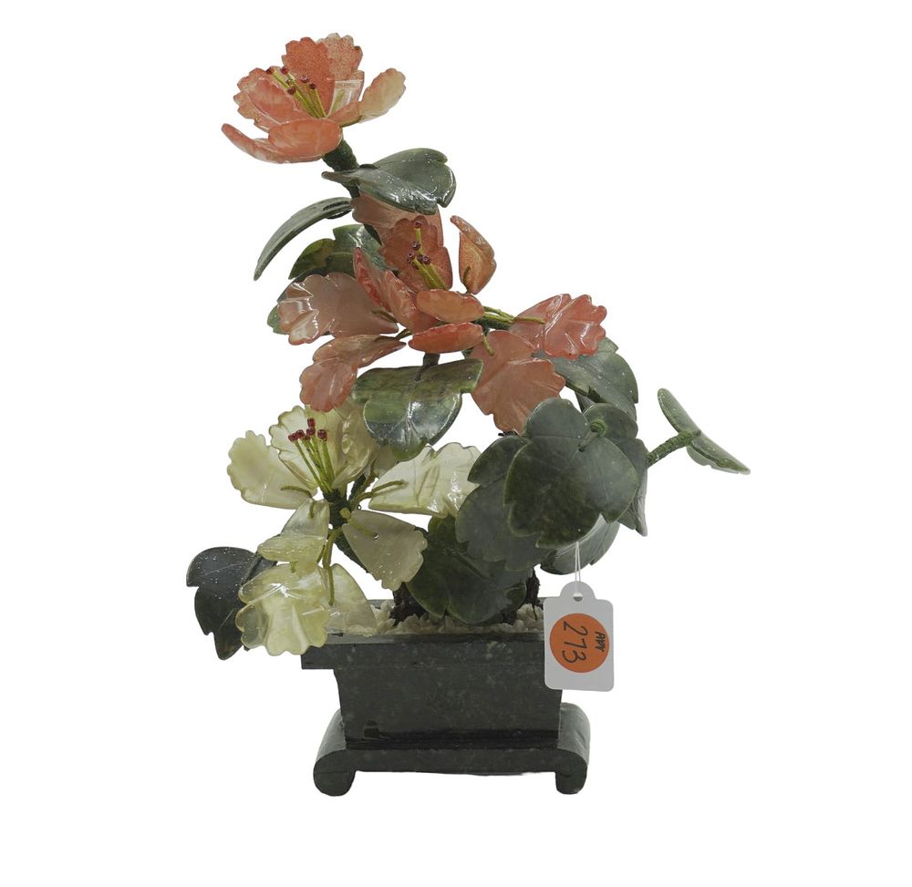 Lot 273: JADE AND AGATE CHINESE TREE OF LIFE BONSAI