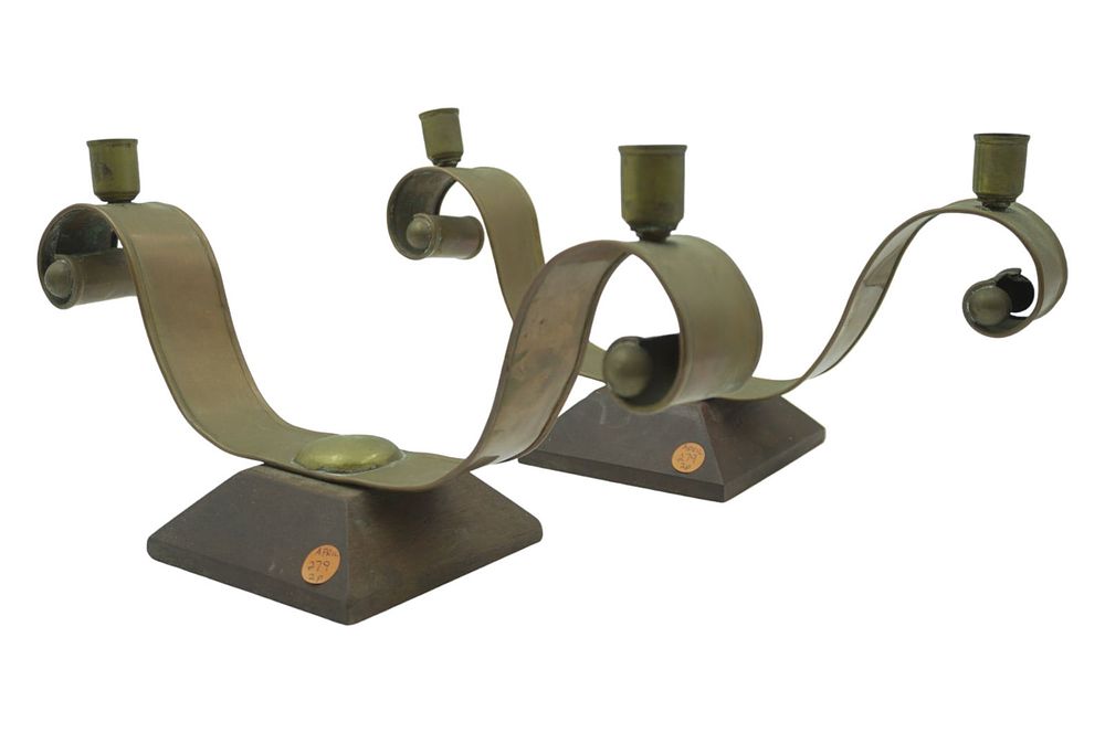Lot 279: PAIR OF HECTOR AGUILAR TAXCO, MEXICO, COPPER & BRASS CANDELABRAS