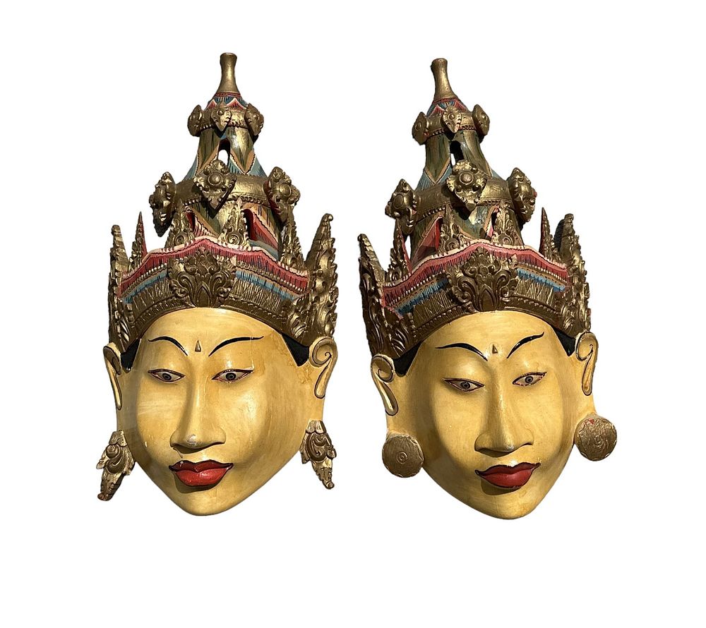 Lot 293: PAIR THAILAND CARVED ORNATE MASKS