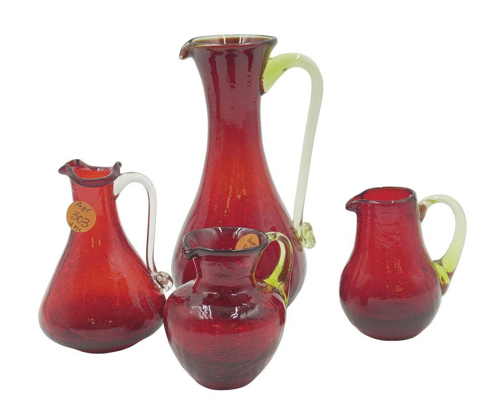 Lot 303: LOT OF CRACKLE AMBERINA GLASS PITCHERS - 4 PIECES