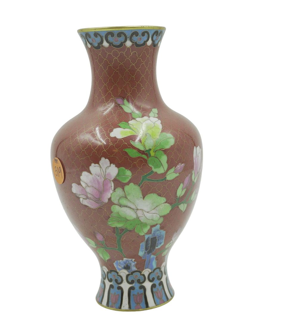 Lot 319: VINTAGE RED FLORAL CLOISONNE VASE