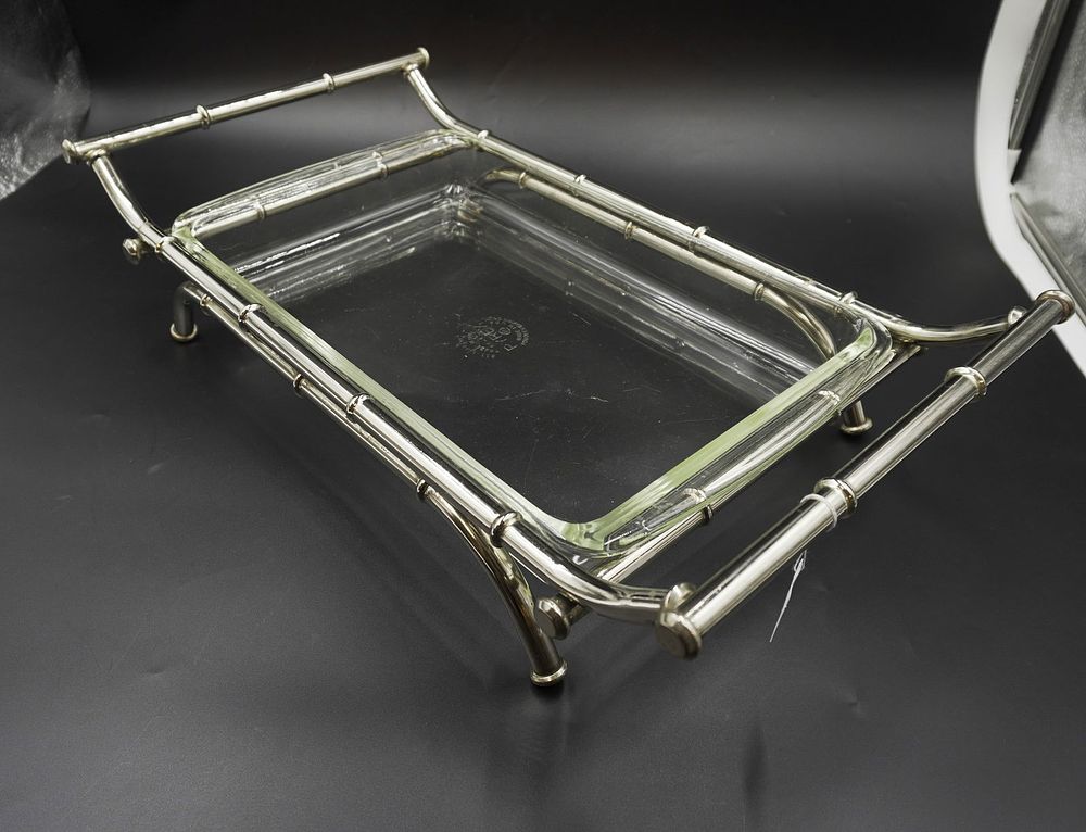 Lot 324: MCM PYREX FAUX BAMBOO SILVERPLATE PYREX CASSEROLE