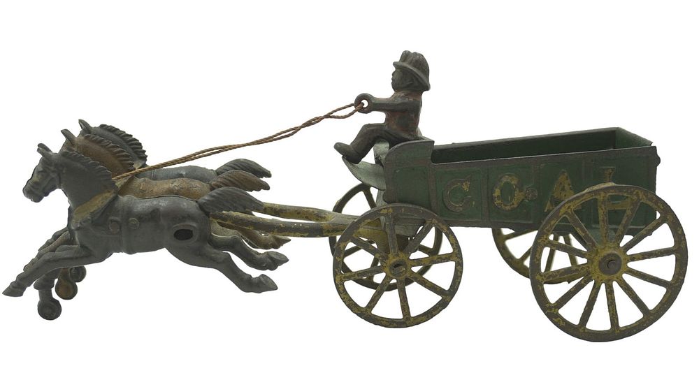 Lot 326: ANTIQUE CAST IRON HORSE DRAWN COAL WAGON