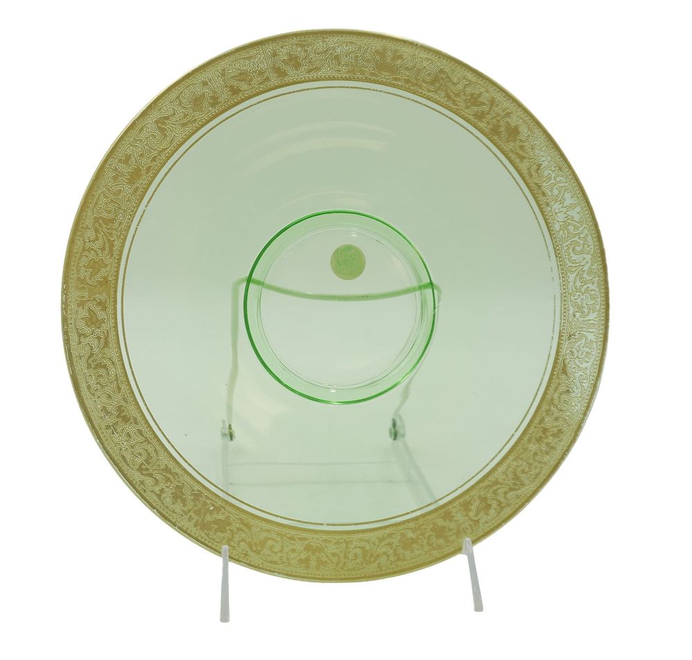 Lot 334: DEPRESSION GOLD EMBOSSED VASELINE GLASS DINNER PLATE