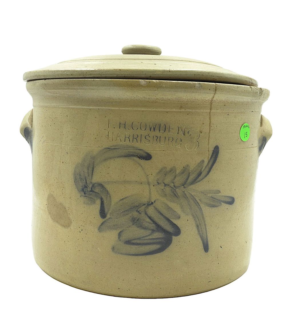 Lot 15: F.H. COWDEN ANTIQUE 3 GALLON CROCK W LID 1880