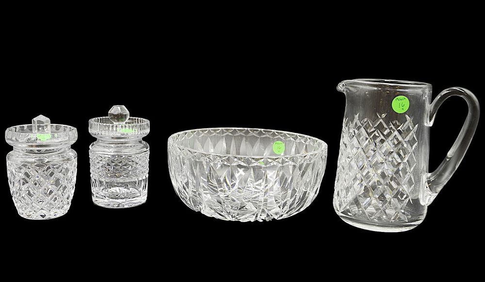 Lot 16: 4 pc WATERFORD CRYSTAL PITCHER - BOWL - HONEY POTS