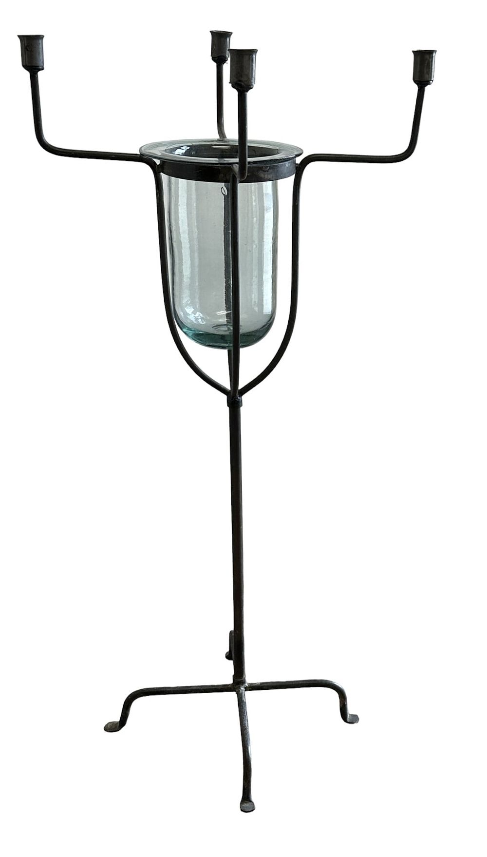 Lot 22: FLOOR WROUGHT IRON CANDLE STAND W BLOWN GLASS CENTER