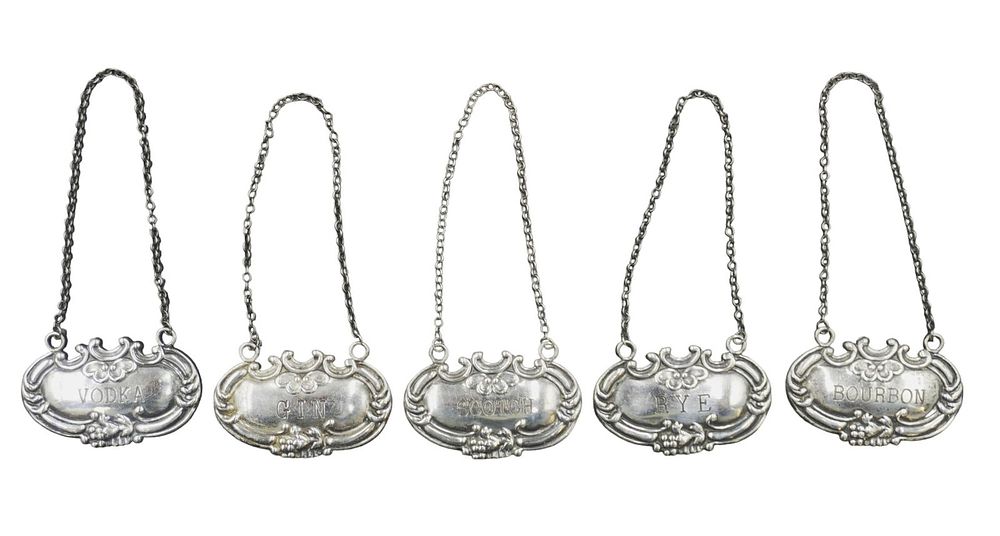 Lot 28: 5 STERLING SILVER LIQUOR LABELS