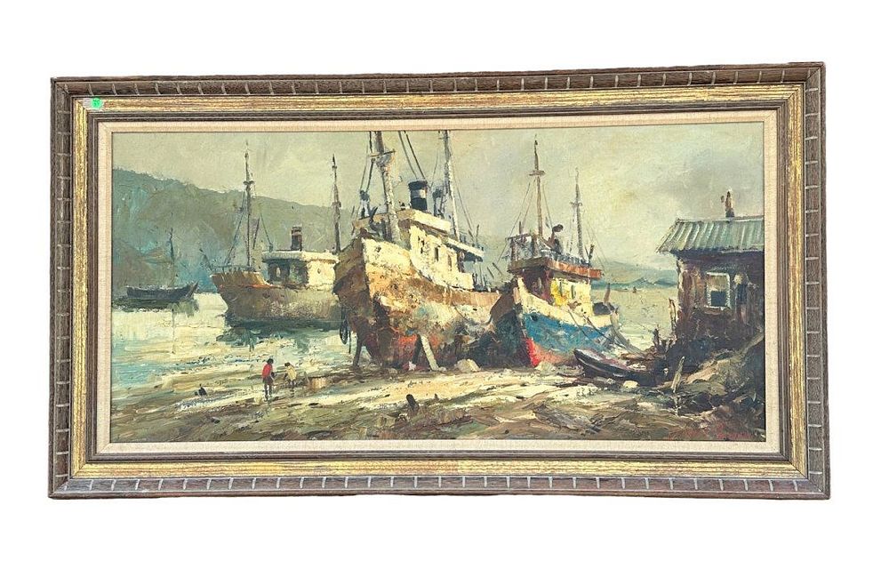 Lot 37: DURVAL PEREIRA (1918-1954) FISHING BOATS OIL PAINTING