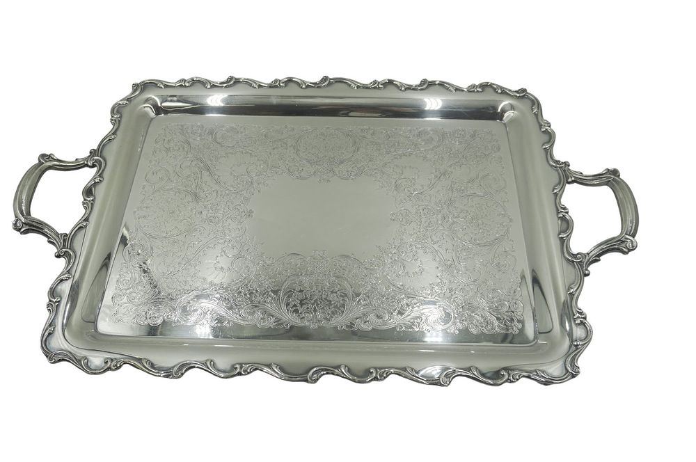 Lot 39: LARGE ORNATE SILVERPLATE FOOTED TRAY