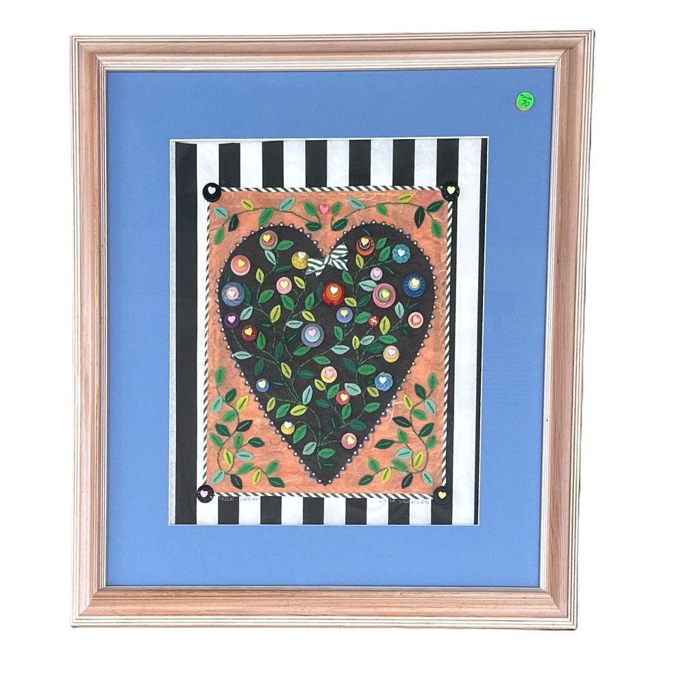 Lot 70: LINDA SOLOVIC MIXED MEDIA HAND MADE PAPER FOLK ART HEART