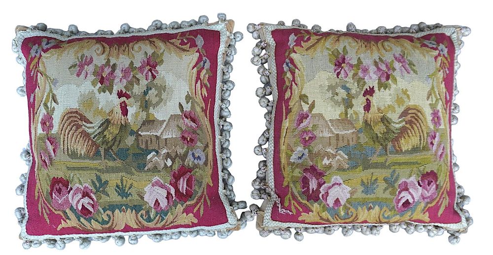 Lot 93: PAIR OF PETIT POINT ROOSTER PILLOWS
