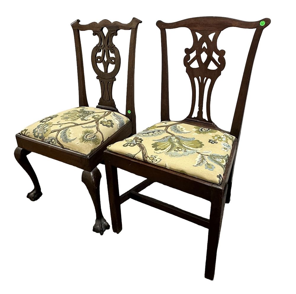 Lot 108: 2 ANTIQUE 18TH 19th C CHIPPENDALE SIDE CHAIRS
