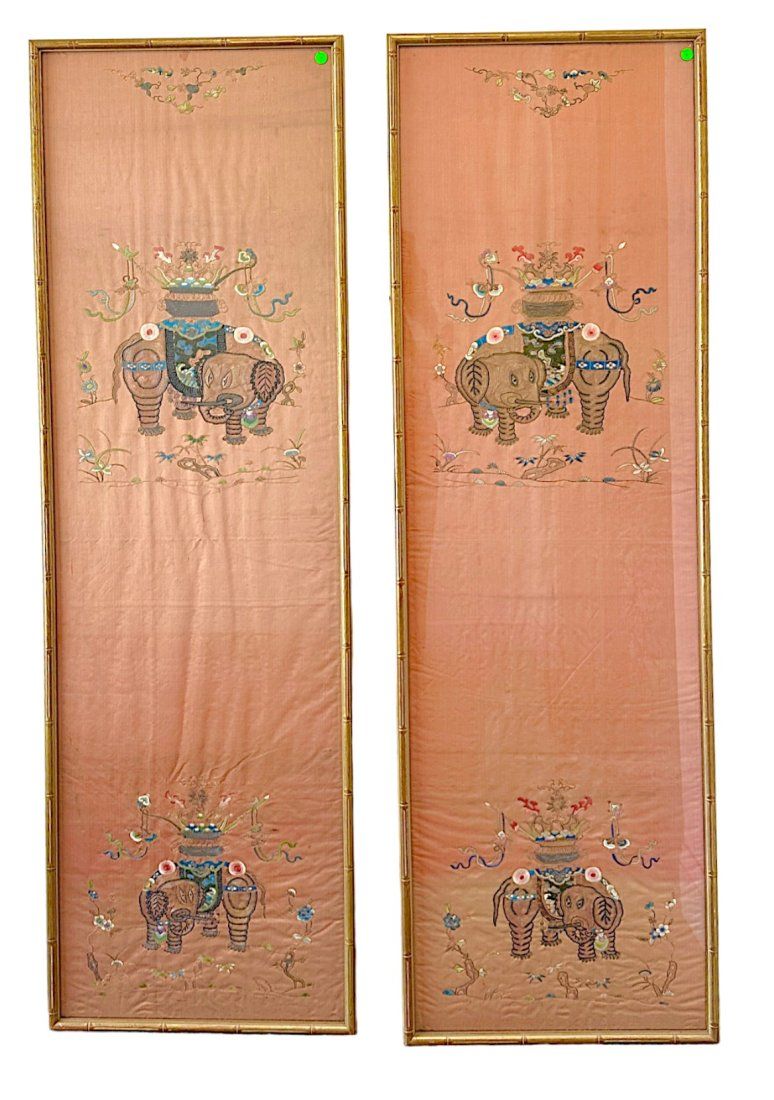Lot 131: PAIR 18th c CHINESE SILK EMBROIDERED CHAIR STRIPS