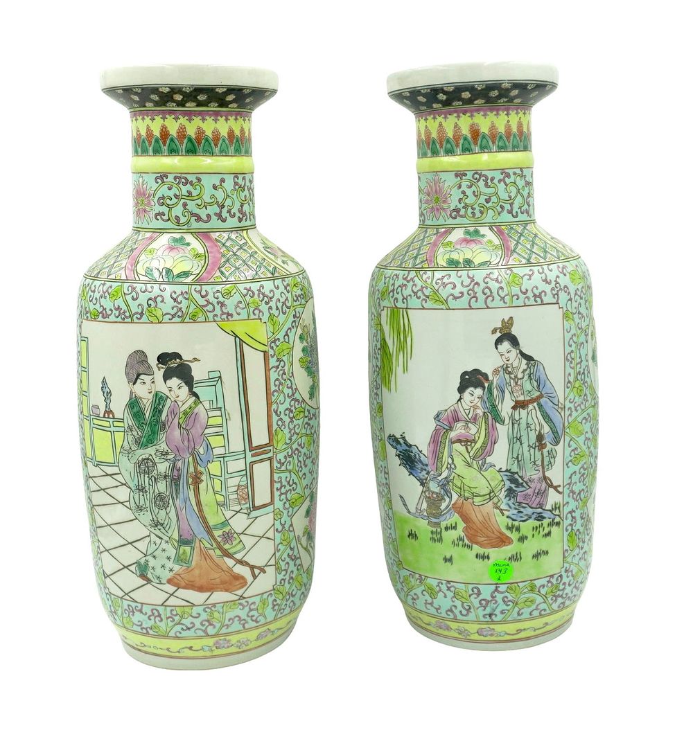 Lot 143: PAIR LARGE CHINESE ROSE CANTON PORCELAIN VASES 18"