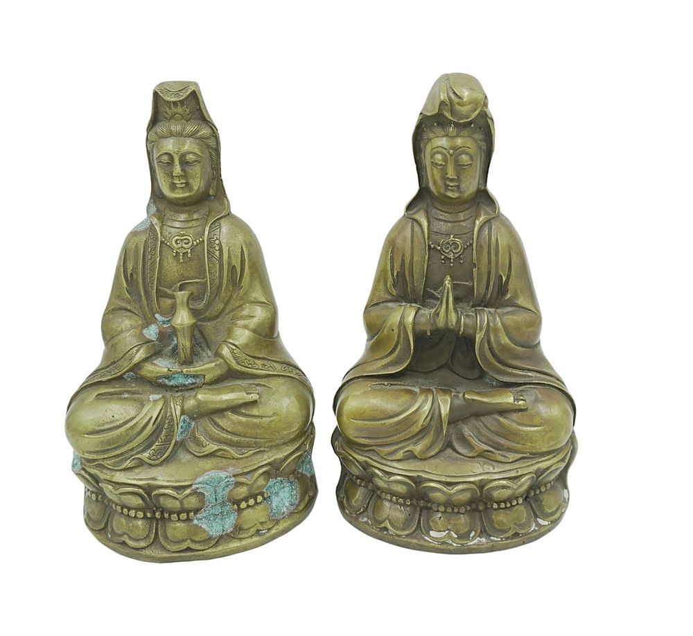 Lot 168: PAIR VINTAGE BRASS GUANYIN ON LOTUS